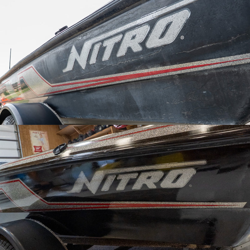 Nitro bass boat hull before and after Re-Gel gelcoat restoration showing faded oxidized finish restored to deep glossy black