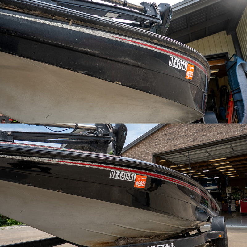 Black bass boat hull before and after Re-Gel gelcoat restoration showing oxidized finish restored to deep glossy shine