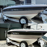 Oxidized boat before and after Re-Gel gelcoat restoration showing faded hull restored to deep gloss finish