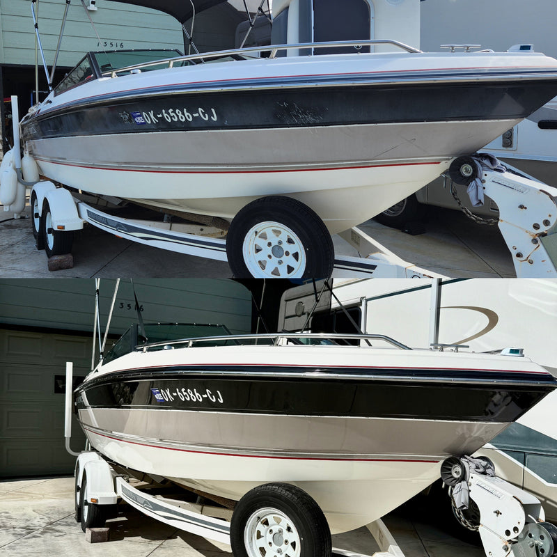 Oxidized boat before and after Re-Gel gelcoat restoration showing faded hull restored to deep gloss finish