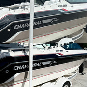 Before and after of a Chaparral 2100 SX boat hull restored with Re-Gel, showing dull, oxidized gelcoat on top and a glossy, restored black and red finish on the bottom.