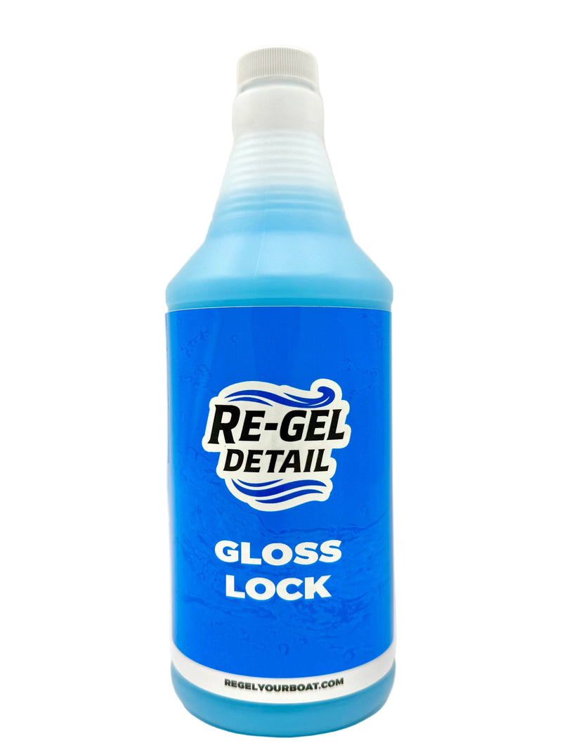 Re-Gel Detail Gloss Lock bottle, a hydrophobic final wipe sealant that protects and enhances paint, fiberglass, chrome, and vinyl surfaces.