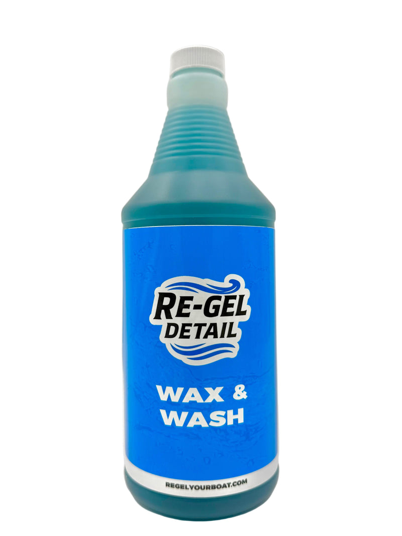 Re-Gel Detail Wax & Wash bottle, a 2-in-1 soap and wax for cleaning and protecting boat and RV surfaces in one step.