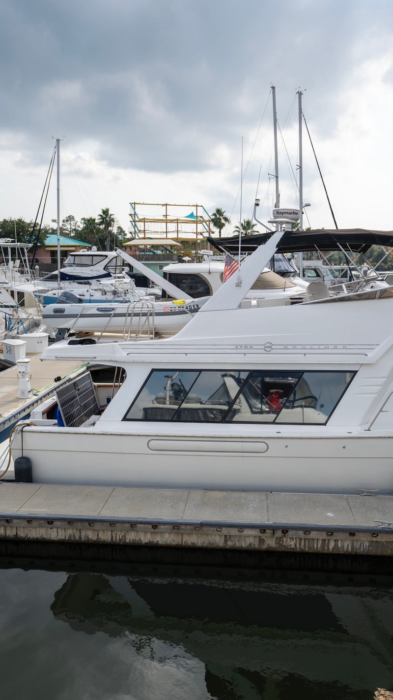 White Bayliner cabin cruiser with a glossy, restored hull finish after Re-Gel gelcoat restoration, docked at a marina.