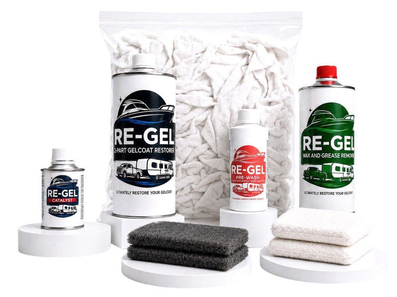 Re-Gel Mini Kit gelcoat restoration system for boats up to 20 feet with 2-part formula, applicator pads, and microfiber towels