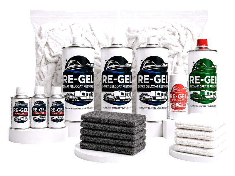 Re-Gel Pro Kit for gelcoat restoration with 2-part gelcoat recoat, catalyst, pre-wash, wax and grease remover, scuff pads, and microfiber towels.