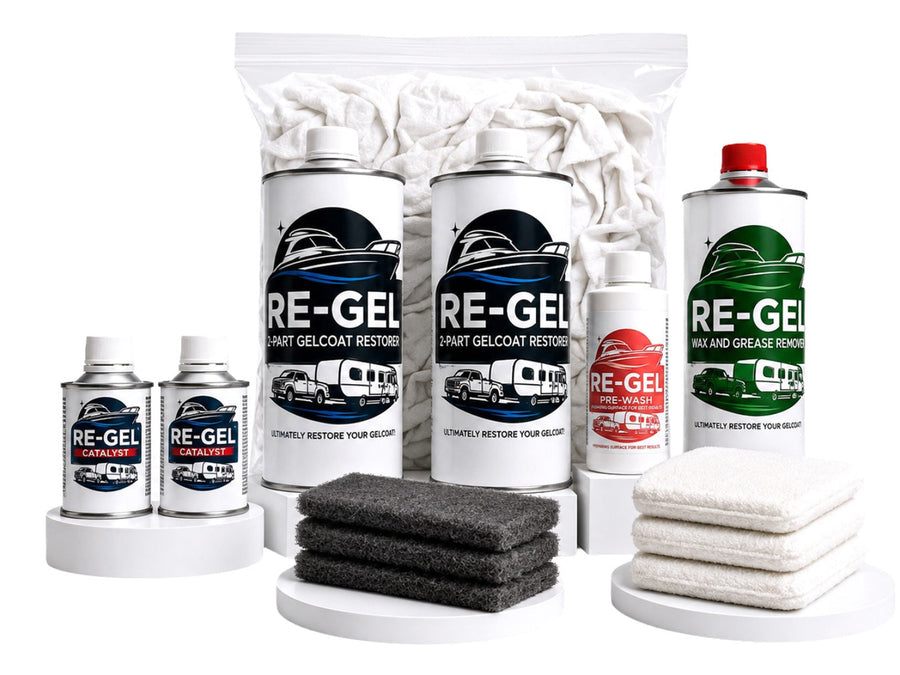 Re-Gel Standard Kit for gelcoat restoration on 20 to 30 foot boats with Part 1, Part 2, catalyst, pre-wash, applicator pads, and microfiber towels