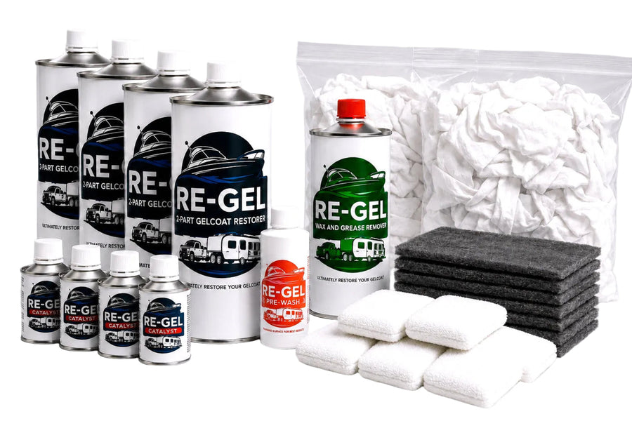 Re-Gel Ultra Kit for 1600 sq ft gelcoat restoration including four 2-Part Gelcoat Restorer cans, one Wax and Grease Remover, one Pre-Wash bottle, four Catalyst cans, eight white microfiber application pads, eight gray Scotch-Brite scouring pads, and two bags of white cotton rags.